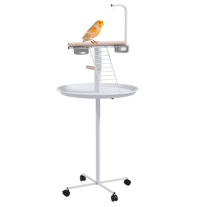 PawHut Bird Stand with Wheels, Perches, Feed Bowls, Round Tray for Parrot