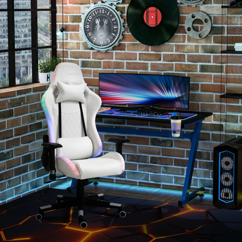 Vinsetto High Back Gaming Chair with RGB LED Lights, Adjustable Arms, and Lumbar Support, Racing Office Computer Chair with Head Pillow, White / Black