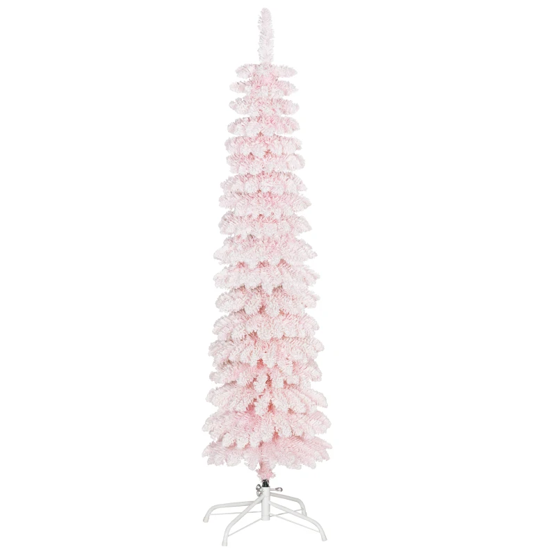 HOMCOM 5ft Snow-Flocked Artificial Christmas Tree, Slim Pencil Xmas Tree with 301 Realistic Branches, Metal Base, Pink