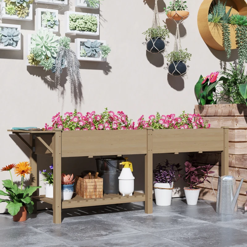 Outsunny Wood Raised Garden Box, Elevated Garden Bed with Side Table, Bottom Shelf, Bed Liners and Drainage Holes, Carbonized