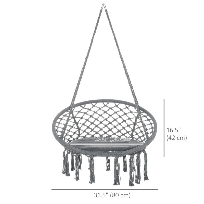 Outsunny Patio Hammock Chair, Hanging Rope Hammock Swing for Indoor & Outdoor Use with Backrest, Cotton-Polyester Blend, Fringe Tassels, Dark Grey