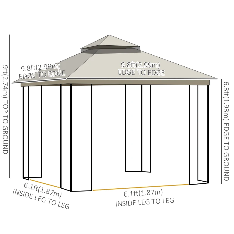 Outsunny 10'x10' Soft-top Patio Gazebo with Double Tier Roof, Mesh Curtains, Display Shelves, Top Hooks, Beige