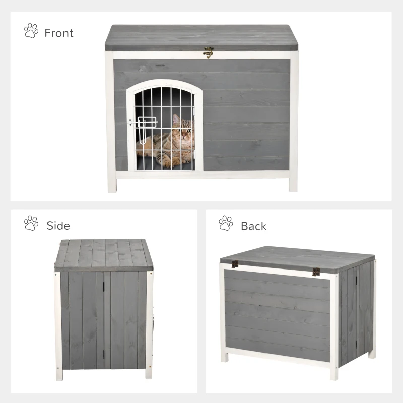 PawHut Foldable Wooden Dog House Raised Puppy Cage Kennel Cat Shelter for Indoor & Outdoor w/ Lockable Door Openable Roof Removable Bottom for Small and Medium Pets Grey