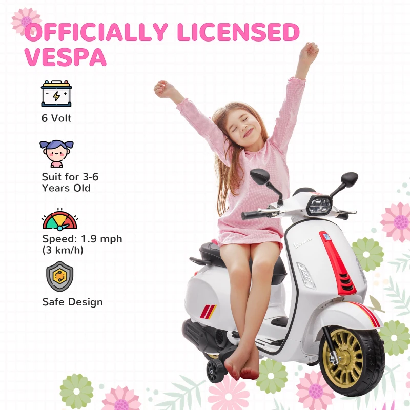 Qaba Vespa Licensed Kids Motorcycle 6V Toddler Motorcycle with Music, FM Radio, Headlight, WHite