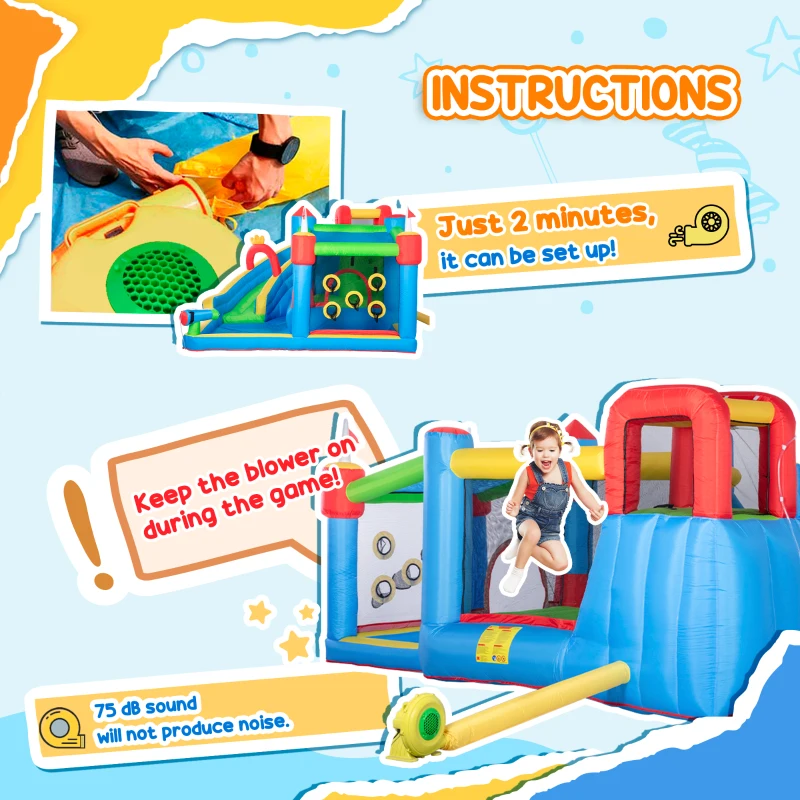 Outsunny 6-in-1 Inflatable Bounce House with Slide, Climbing Wall, Water Cannon, and More, Inflatable Water Slide for Kids with 2 Min. Inflation and Air Blower