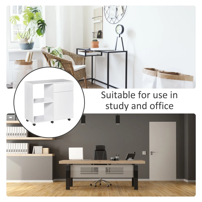 HOMCOM Printer Stand, Storage Cabinet with Drawer, Open Storage Shelves, for Home or Office Use, White