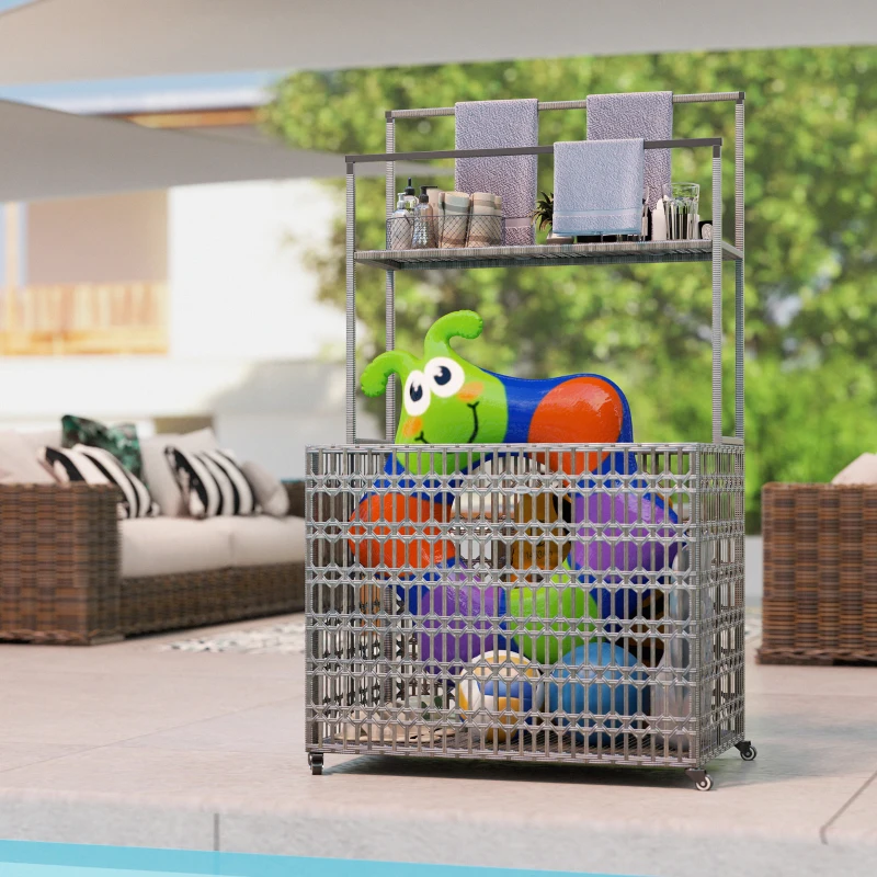 Outsunny Wicker Pool Float Storage Organizer, PE Rattan Pool Float Holder with Basket Shelf Towel Bars, Rolling Pool Caddy for Floaties, Noodles, Life Vests, Beach Balls, Mixed-Gray