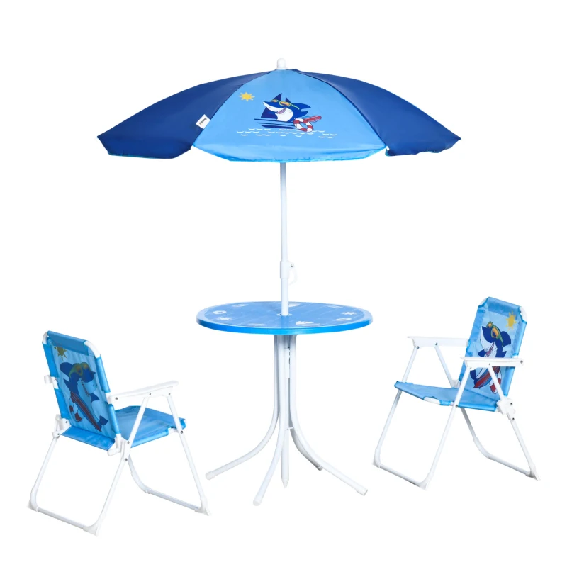 Outsunny Kids Table and Chair Set, Comfortable Little Kids Picnic Table with Umbrella, Adjustable Height, Outdoor Seating for Kids Ages 3-6, Foldable, Sharks