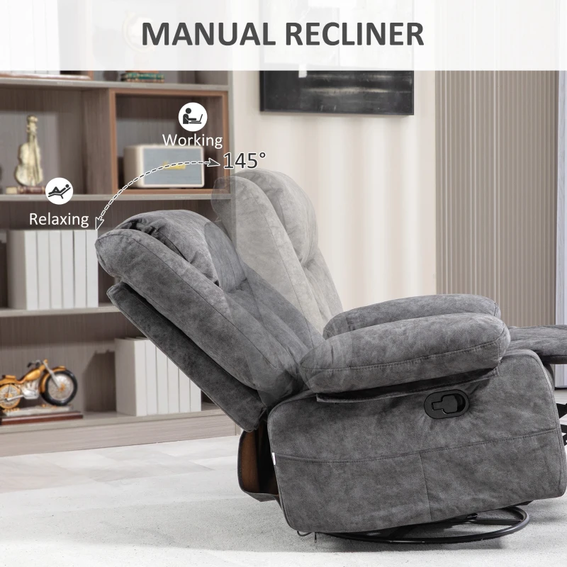 HOMCOM Rocker Recliner Chair with Swivel, Fabric Reclining Chair with Cushion, Rocking Chair with Footrest, Charcoal Gray