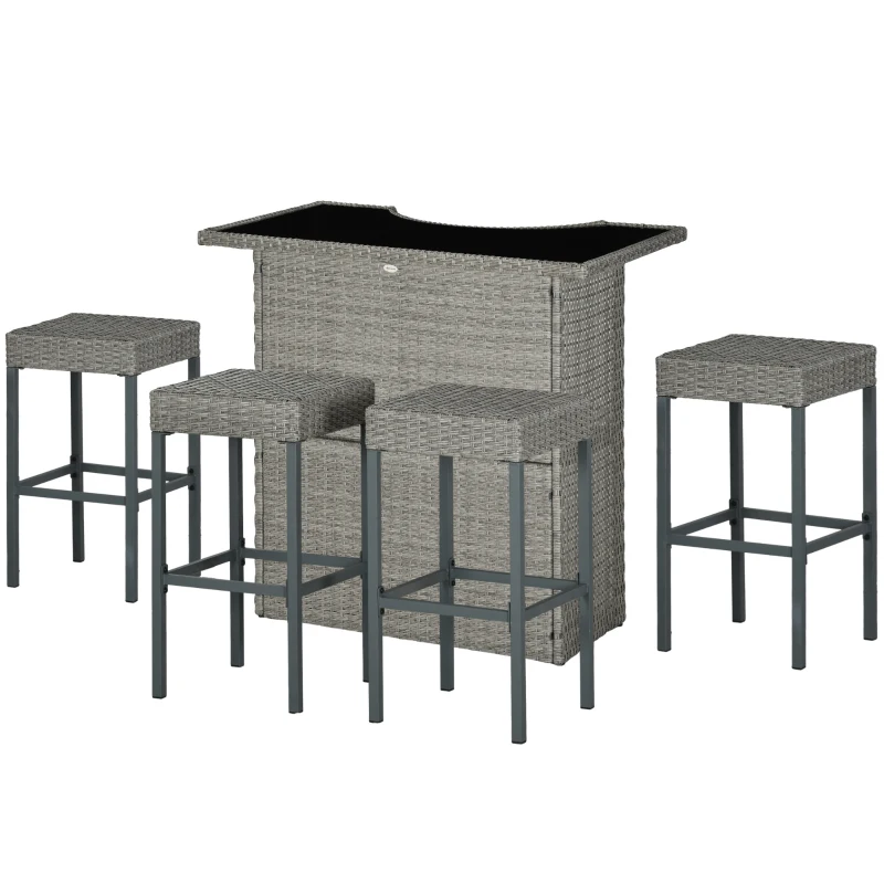 Outsunny 5 Pieces Patio Bar Set, Outdoor PE Rattan Wicker High Top Outdoor Table and Chairs Outdoor Bar Set with Tempered Glass Top Bar Table and Shelves, 4 Bar Chairs, Grey
