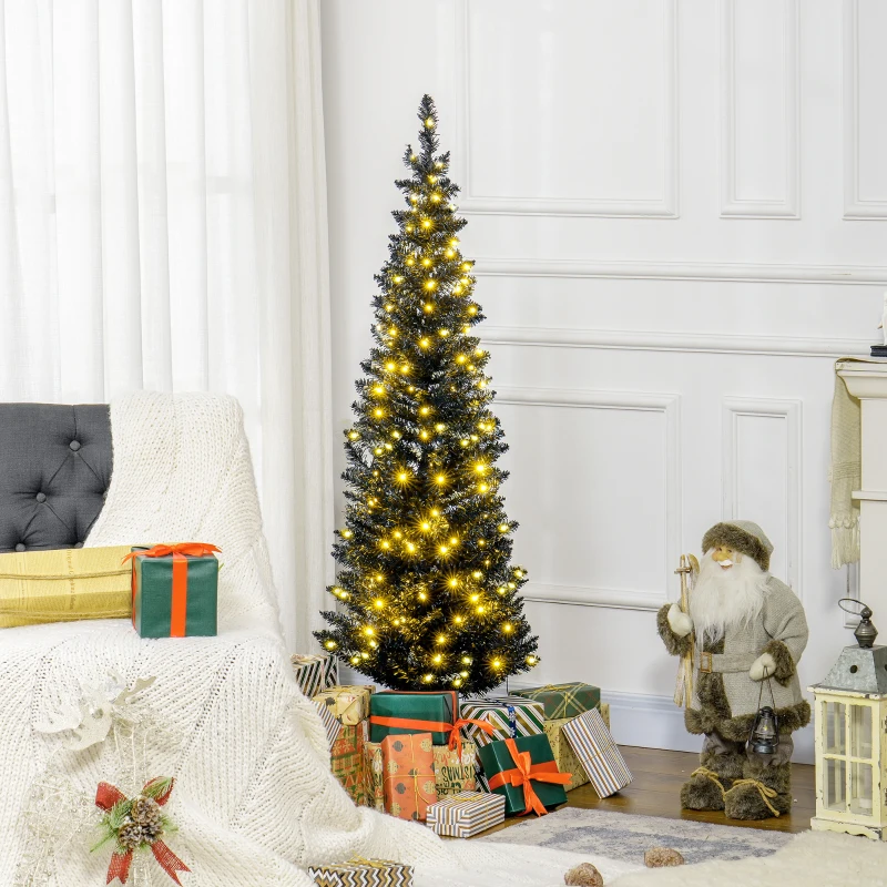 HOMCOM 5ft Pencil Christmas Tree, Slim Artificial Christmas Tree with Realistic Branches and Warm White LED Lights, Black