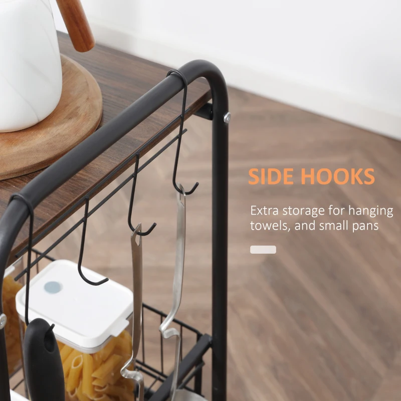 HOMCOM 3 Tier Rolling Kitchen Cart with Storage, Kitchen Island Cart on Wheels with 2 Sliding Fruit Basket, Microwave Cart with Side Hooks for Dining Room, Walnut