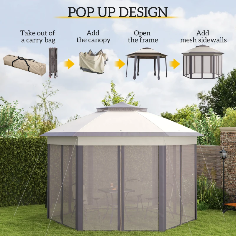 Outsunny 13' x 13' Pop Up Canopy Tent with Netting and Carry Bag, Instant Sun Shelter, Hexagon Tents for Parties, Outdoor, Garden, Patio, Coffee and Beige