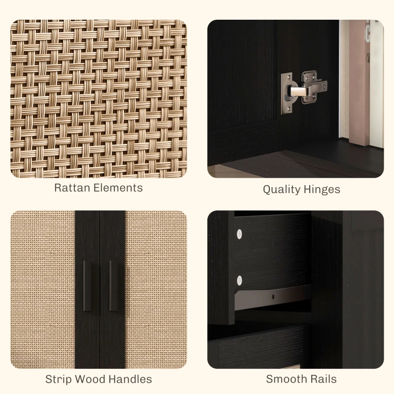 HOMCOM Kitchen Sideboard Cabinet, Boho Entryway Cabinet with Decorative Rattan Doors and Drawers for Dining Room, Black