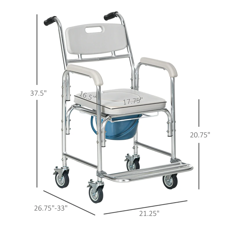 HOMCOM 3-in-1 Shower Commode Wheelchair, FSA/HSA Eligible Transport Beside Commode Chair, Waterproof Rolling Over Toilet Chair 330 lbs. Weight Capacity with Padded Seat, Gray
