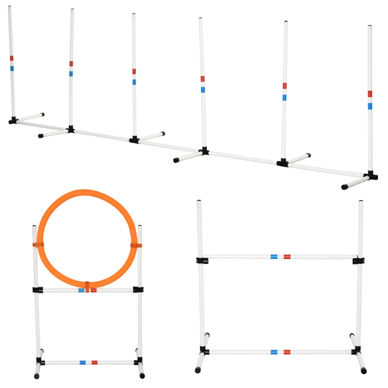 PawHut 3 Piece Dog Agility Training Equipment for Indoor & Outdoor, Dog Agility Equipment Set with High Jump, Jumping Ring, Weave Poles, Storage Bag, Withe, Blue and Orange