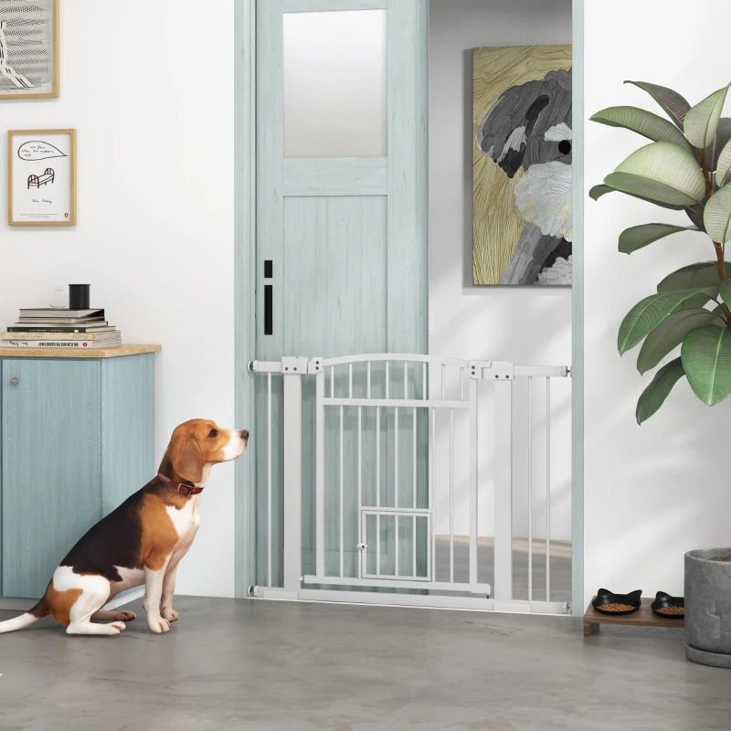 PawHut 30"-41" Extra Wide Walk Through Dog Gate w/ Cat Door, 3-Inch & 5.5-Inch Extension Kits, 30" High