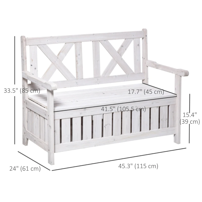 Outsunny Wooden Outdoor Storage Bench 2-Person Patio Bench with Louvered Side Panels and X-Shape Back for Garden, Patio, White