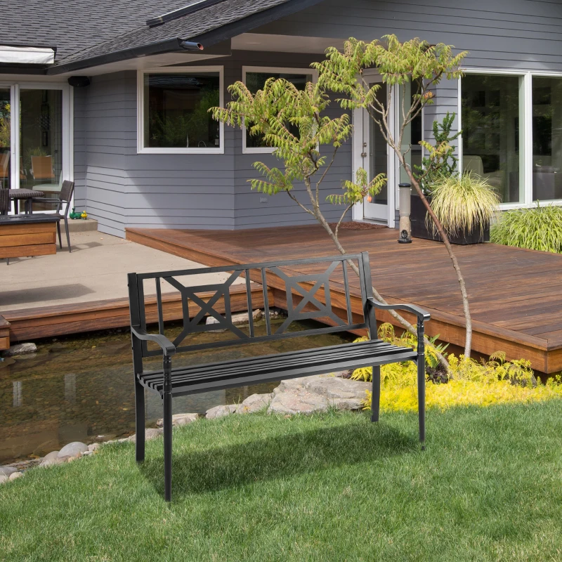 Outsunny Steel Garden Bench for Outdoor, 2-person Patio Bench, Loveseat Furniture for Lawn, Deck, Yard, Porch, Entryway, Black