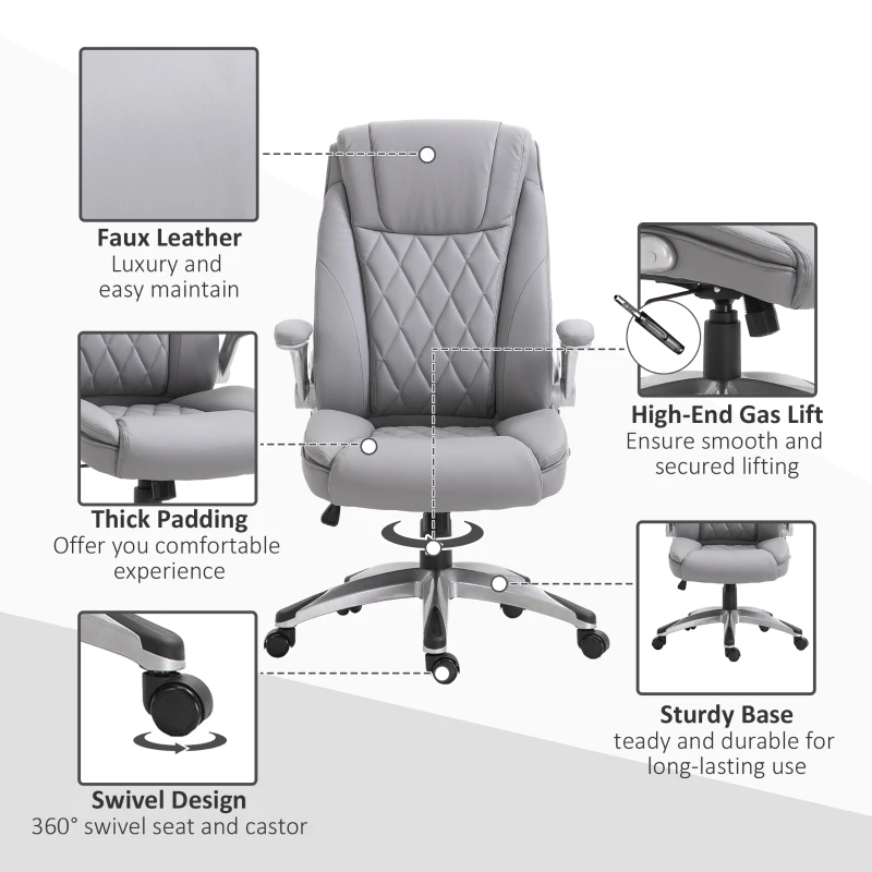 Vinsetto High-Back Office Chair Executive Swivel Computer Desk Chair, with PU Leather, Flip-up Armrest, Grey