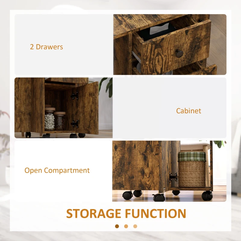 HOMCOM Drop Leaf Dining Table, Mobile Folding Table on Wheels with Drawers and Cabinet for Dining Room, Kitchen, Rustic Brown