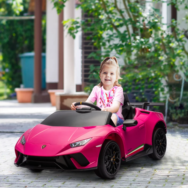 Qaba 12V Lamborghini Huracan Licensed Kids Electric Car with Parent Remote Control, Spring Suspension, Transport Wheel, Pink