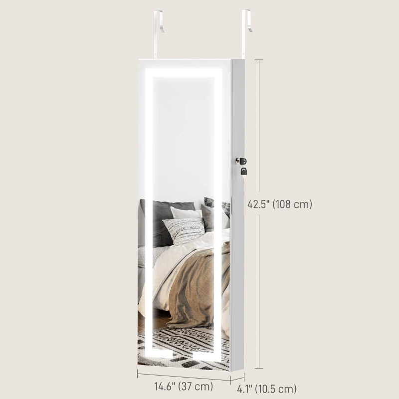 HOMCOM LED Lighted Jewellery Armoire with Mirror Jewellery Cabinet with Storage Lockable Door/Wall Mounted Jewellery Organizer, White