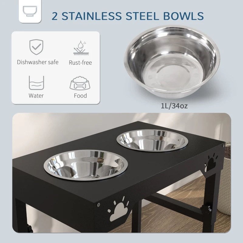 PawHut Dog Food Bowls, 7 Adjustable Height Elevated Dog Bowls w/ Stainless Steel, Black