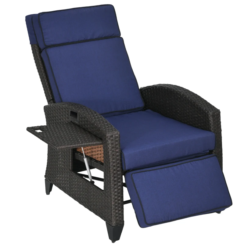 Outsunny Outdoor Recliner Chair with Adjustable Backrest, Cushion, Side Tray, Blue