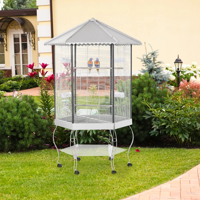 PawHut 77" Flight Bird Cage Hexagon Covered Canopy Portable Aviary With Storage