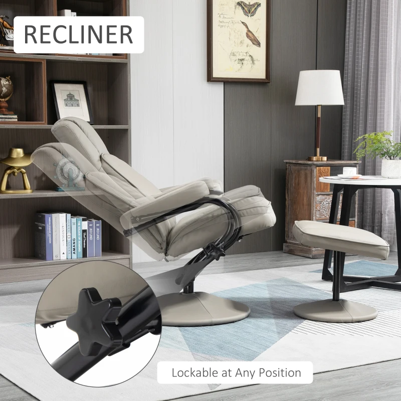 HOMCOM Swivel Recliner, Manual PU Leather Armchair with Ottoman Footrest for Living Room, Office, Bedroom, Gray
