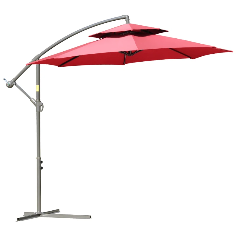 Outsunny 9' 2-Tier Cantilever Umbrella with Crank Handle, Cross Base and 8 Ribs, Garden Patio Offset Umbrella for Backyard, Poolside, and Lawn, Red