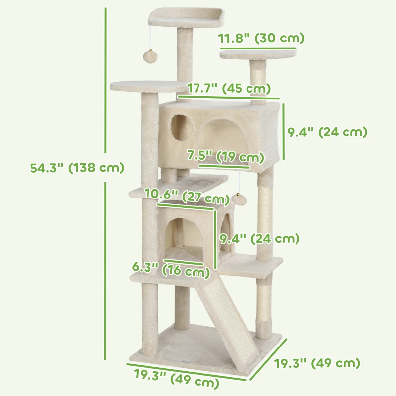 PawHut 54" Cat Tree, Multi-Level Cat Tower with Scratching Posts, Cat Condos, Bed, Platforms, Ramp, Toy Ball, Beige