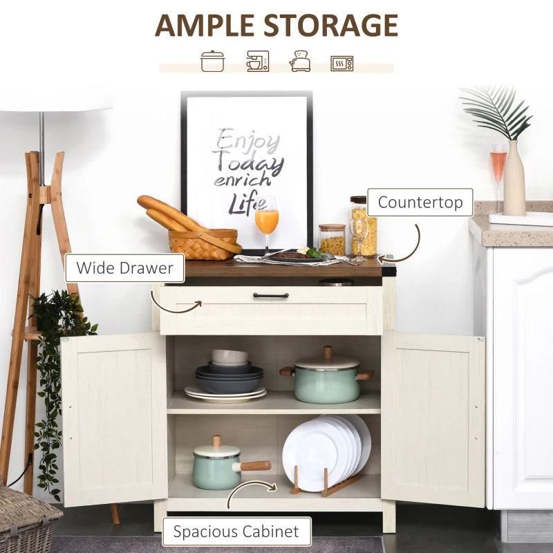 HOMCOM Modern Farmhouse Sideboard with Storage, Buffet Cabinet with 2 Barn Doors and Drawer for Dining Room, Distressed White