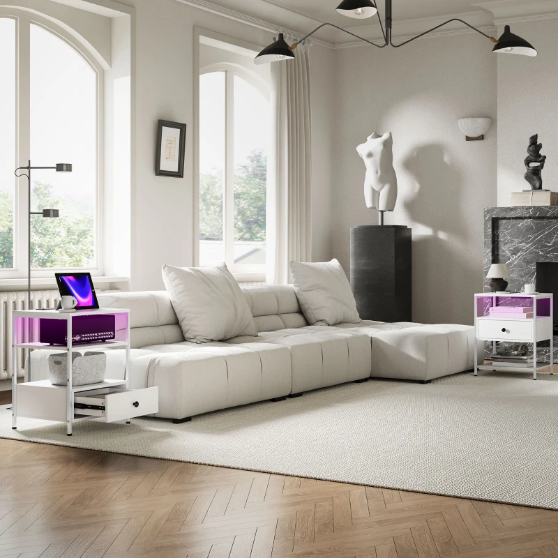 HOMCOM Set of 2 Side Tables with Charging Stations and LED Lights, End Tables with Drawer and Shelves for Living Room, White