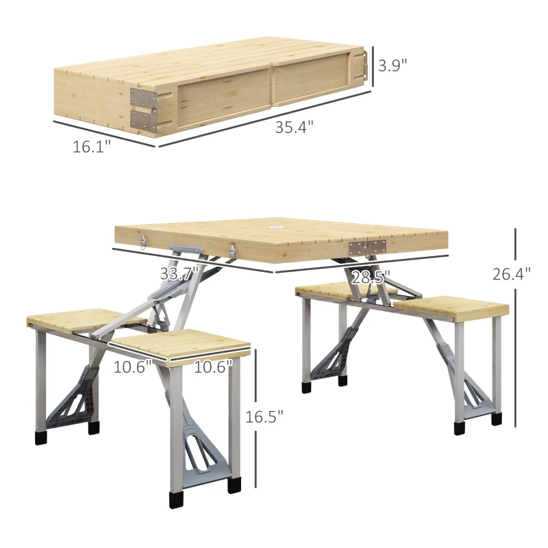 Outsunny Aluminum Frame Folding Picnic Table, Portable Camping Table and Chairs Set with Umbrella Hole