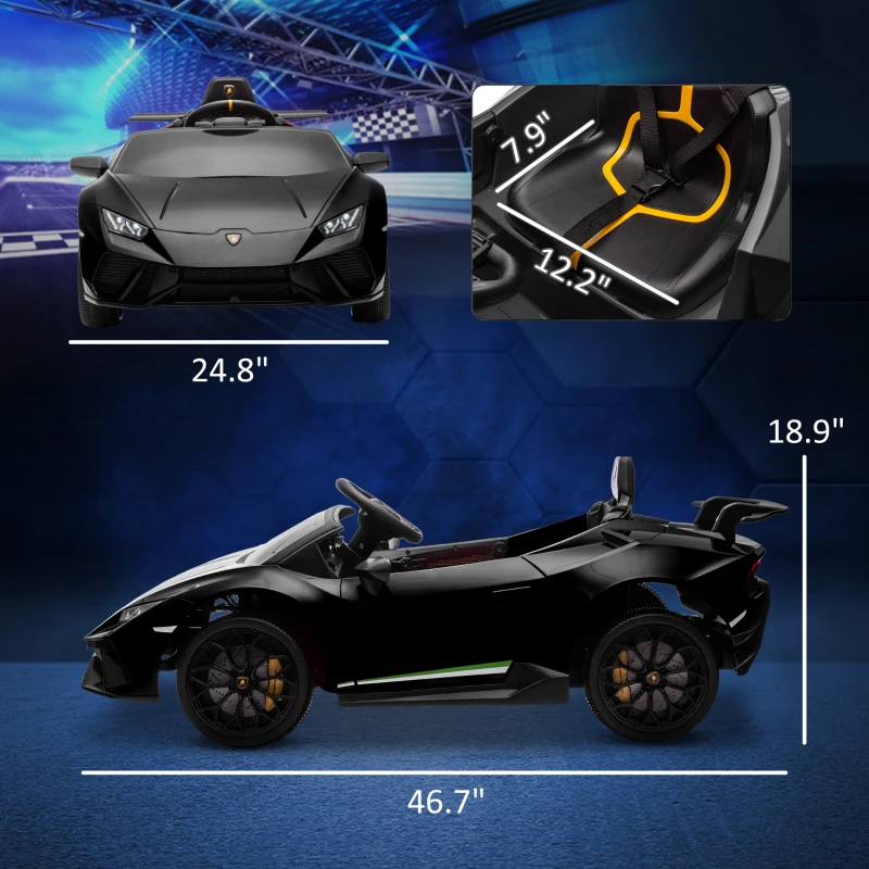Qaba 12V Lamborghini Huracan Licensed Kids Electric Car with Parent Remote Control, Spring Suspension, Transport Wheel, Black(m-3)