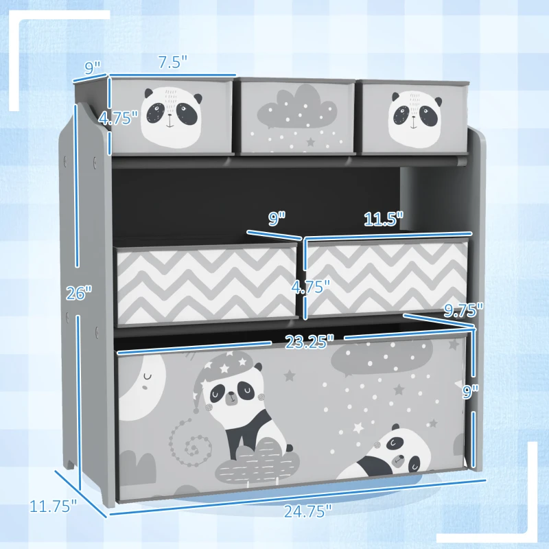 Qaba Toy Organizer with 6 Storage Bins, 25" x 12" x 26", Gray