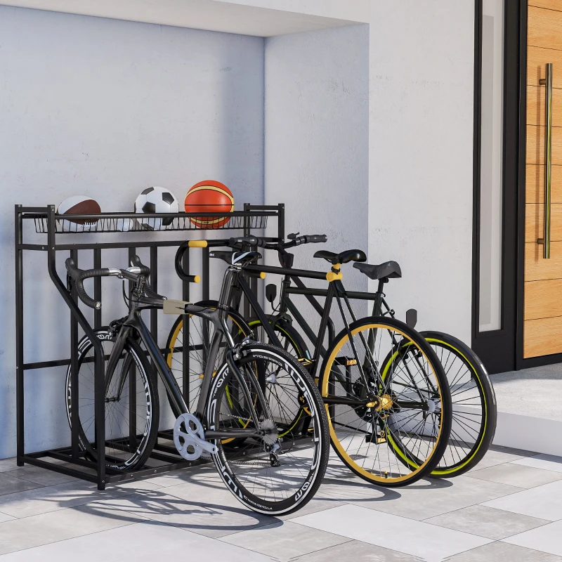 Soozier 4 Bicycle Bike Stand, Metal Floor Bike Storage Rack with Basket, Hooks, Indoor Outdoor Bicycle Stand, Black