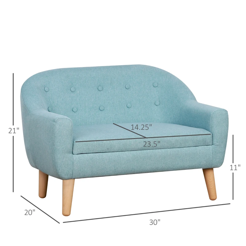 Qaba 2-Seat Kids Sofa, Toddler Sofa Couch, Linen-Like Fabric & Wood Frame Sofa Chair for Ages 3-7, 11" High Seat, Blue