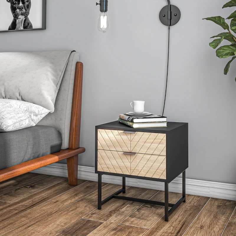 HOMCOM Modern Bedside Table with 2 Drawers and Steel Frame, Sofa Side Table for Bedroom Living Room, Black and Oak