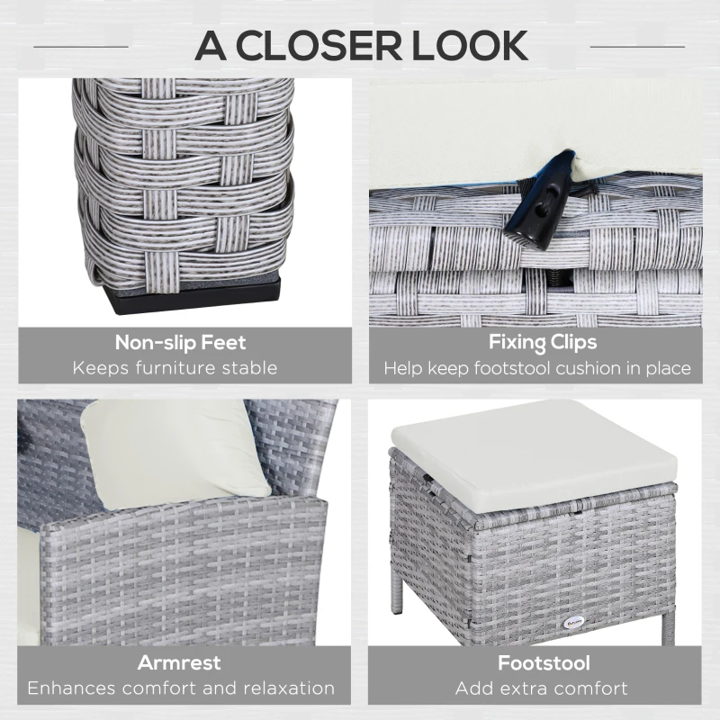 Outsunny 5 Pieces Wicker Patio Conversation Dining Furniture Set with Cushions, Table and Ottomans, Cream White