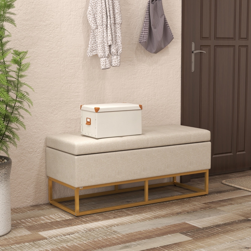 Beige upholstered storage bench online