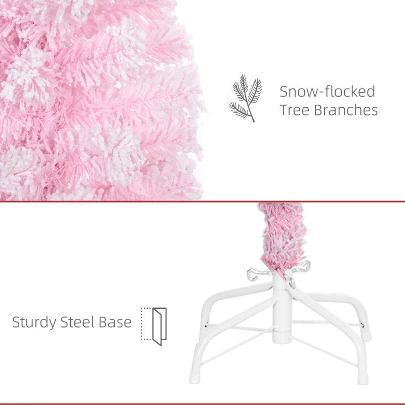 HOMCOM 4 ft Flocked Pencil Christmas Tree, Artificial Christmas Tree with Realistic Branches, Auto Open and Steel Base, Pink