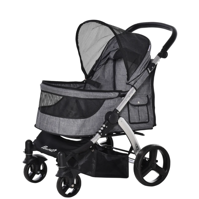 PawHut Pet Stroller Foldable Dog Cat Travel Carriage with Adjustable Handlebar PVC Wheel Brake Storage Bag Mesh Window Safety Leash Aluminum Grey