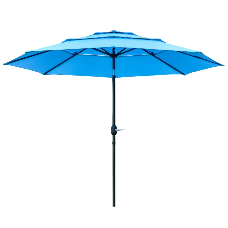 Outsunny 9FT 3 Tiers Patio Umbrella Outdoor Market Umbrella with Crank, Push Button Tilt for Deck, Backyard and Lawn, Sky Blue