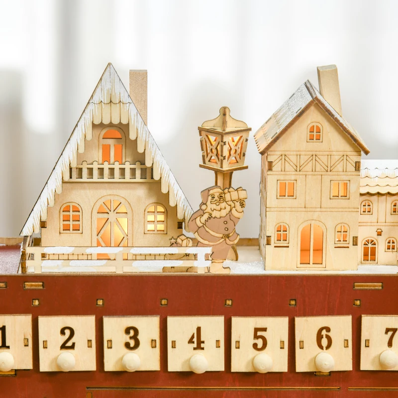 HOMCOM Christmas Advent Calendar, Light Up Table Xmas Wooden Bus Holiday Decoration with Countdown Drawer, Santa Claus Street House, for Kids and Adults