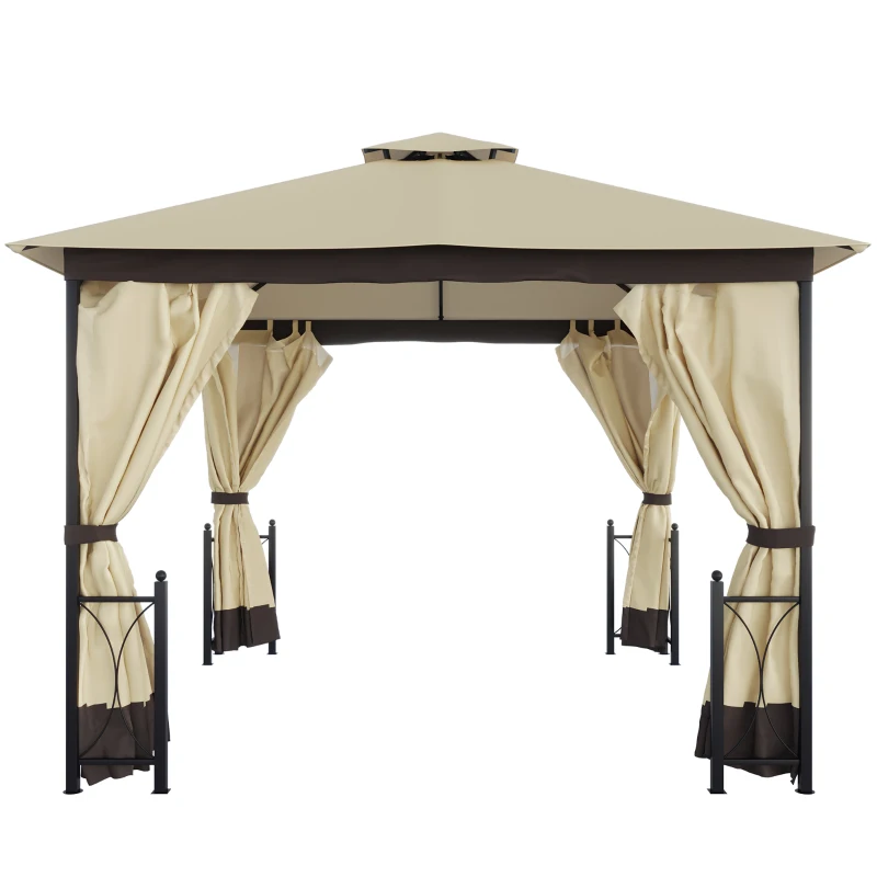 Outsunny 11' x 13' Patio Gazebo, Double Roof Outdoor Gazebo Canopy Shelter with Netting & Curtains, Steel Corner Columns for Garden, Lawn, Backyard and Deck, Beige