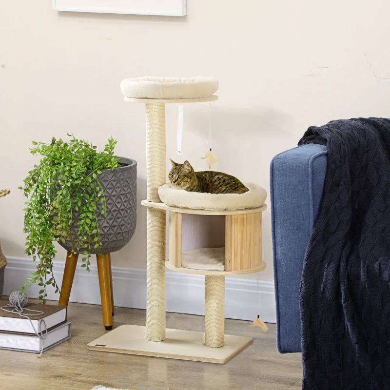 PawHut Cat Tree, 3 Level Cat Tower with Scratching Posts, Bed, Condo, Badminton Toys, for Multiple Kittens
