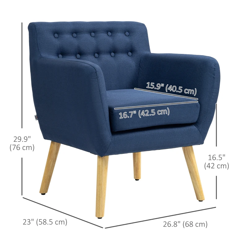 HOMCOM Linen Upholstery Armchair, Mid-Century Modern Accent Chair with Wood Frame and Thick Padding, Blue